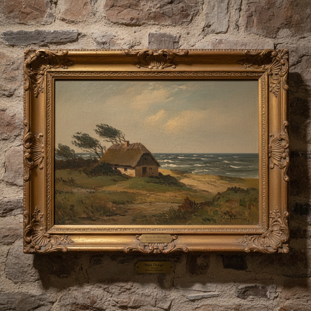 Hjem Et oliemaleri af et stråtækt hus tæt ved havet i en udsmykket guldramme, som hænger på en rå murstensvæg.
